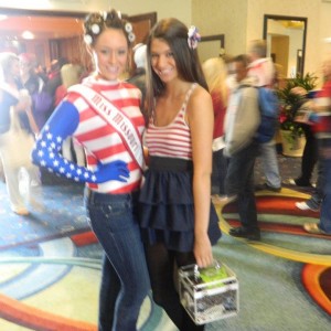 Miss Missouri Teen having fun during rehersal in her Patriotic morph suit & curlers