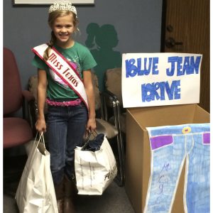 Joey McDowell, Miss Texas Jr. Pre-Teen for National American Miss collected and donated jeans for the Montgomery County Youth Services